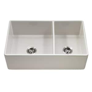 Fireclay 33 in. Double Bowl Farmhouse Apron Front Kitchen Sink in Biscuit