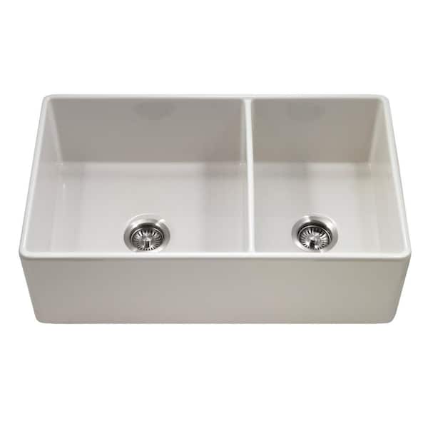 HOUZER Fireclay 33 in. Double Bowl Farmhouse Apron Front Kitchen Sink in Biscuit
