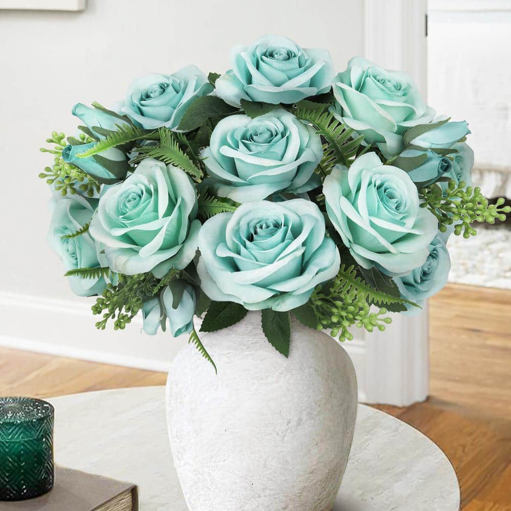 LIVING LUXURY 18 in. Light Turquoise Artificial Rose Flower Stem