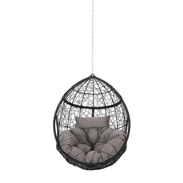 Black Wicker Porch Swing with Gray Cushion