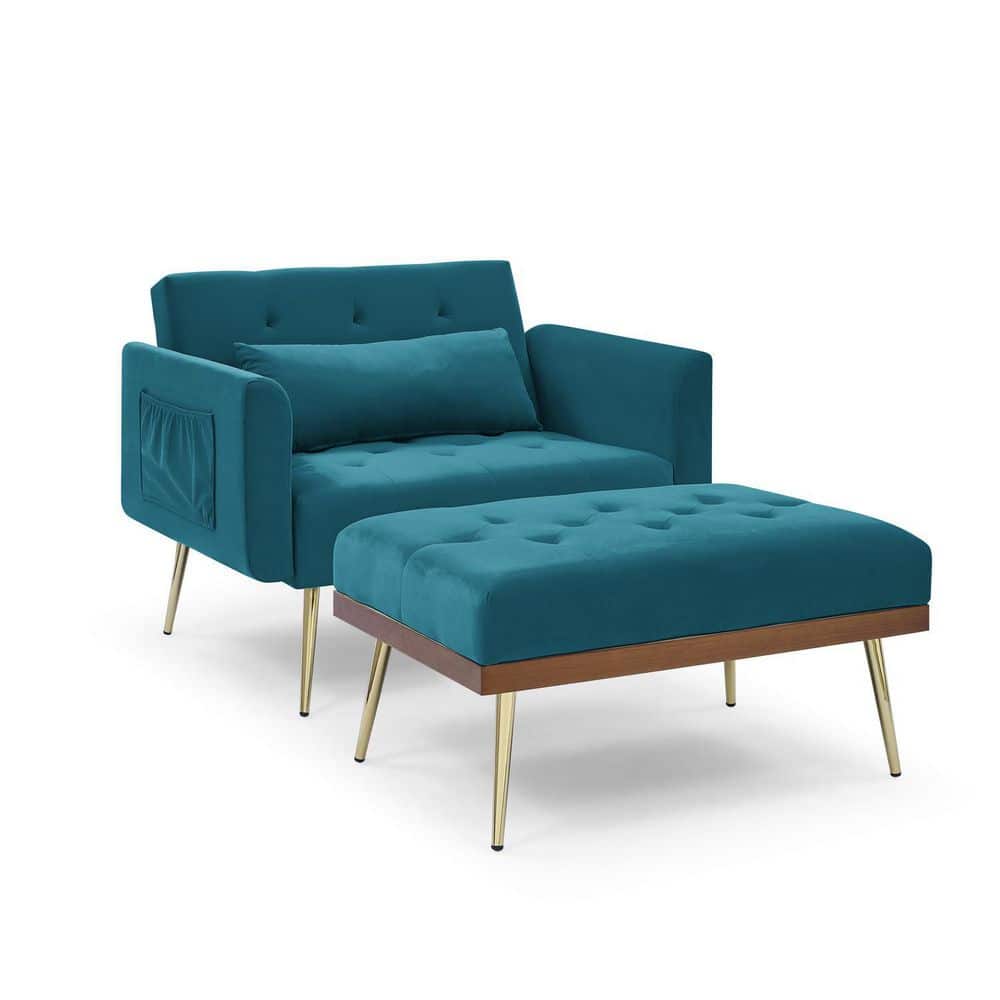 Teal Nordic Velvet Sofa Recline Chair with Ottoman and Two Arm Pocket, Blue