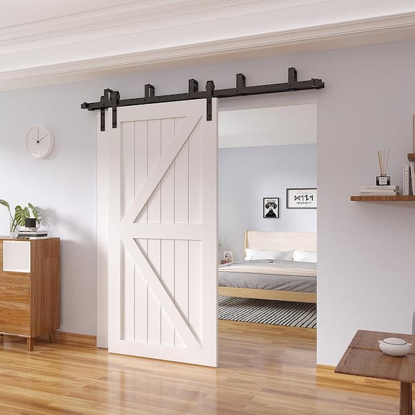 8 ft./96 in. Frosted Black Heavy-Duty Bypass Double Door Sliding Barn Door Hardware Classic Design Roller