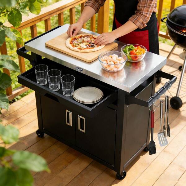 NUUK 42 in. Outdoor Kitchen Island Cart with Stainless Steel Top