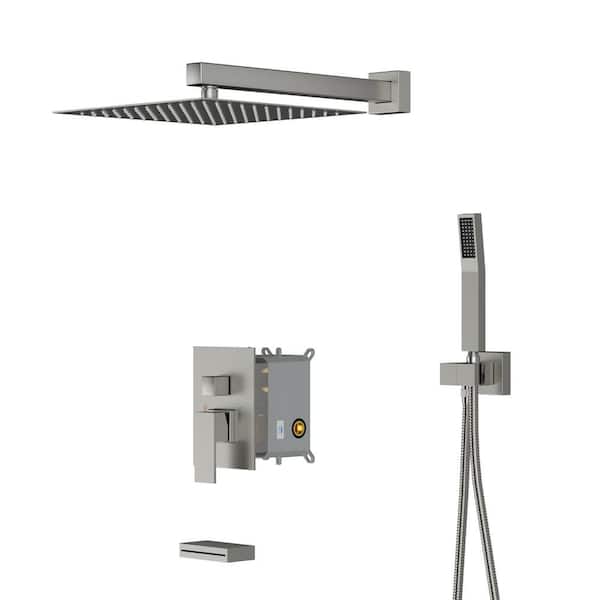 LORDEAR Single Handle 3-Spray Tub and Shower Faucet 1.8 GPM in. Brushed Nickel, 12 in. Rain Shower Head and Valve Included