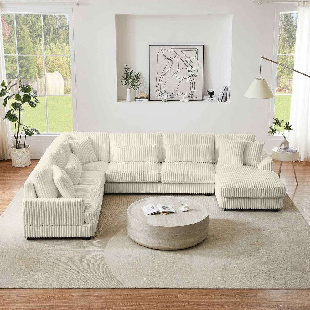 129.1 in. Square Arm Corduroy Sectional Sofa with a Chaise Lounge in. Beige