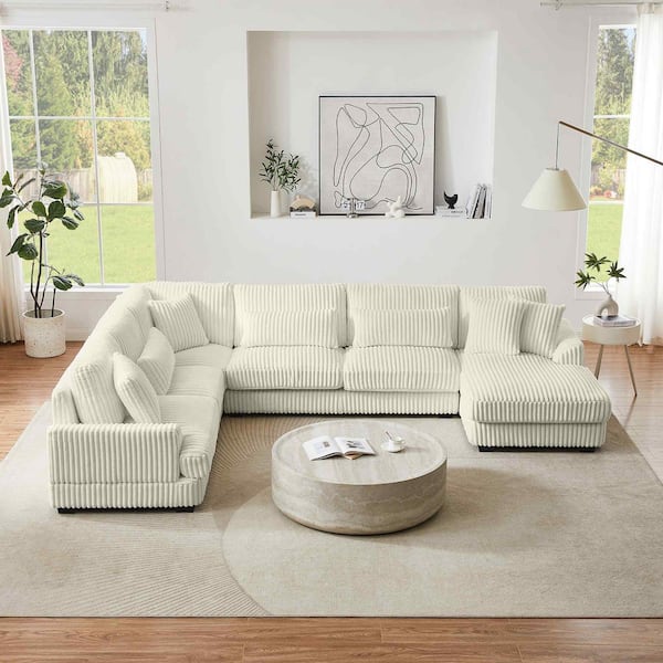 129.1 in. Square Arm Corduroy Sectional Sofa with a Chaise Lounge in. Beige