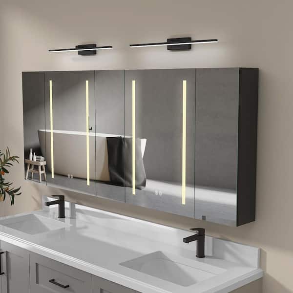 NTQ 70 in. W x 30 in. H Rectangular Large Black Aluminum Surface Mount Defogging LED Bathroom Medicine Cabinet with Mirror