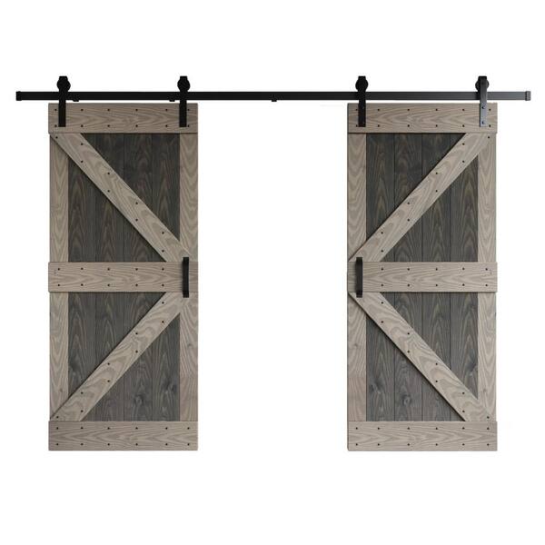 COAST SEQUOIA INC Coast Sequoia Embossing K Series 72 in. x 84 in. Dark Gray/Light Gray Knotty Wood Double Sliding Door with Hardware Kit