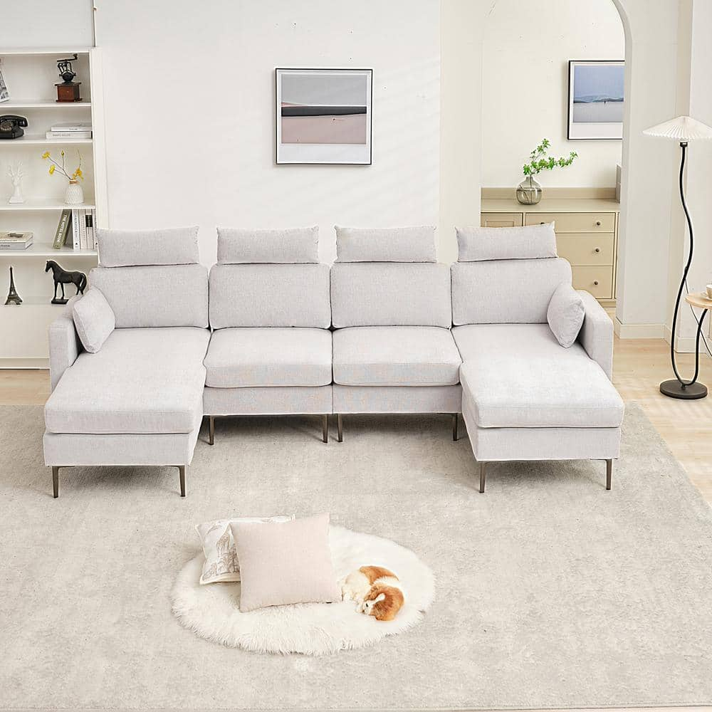 116.53 in. Square Arm Fabric U Shape Sectional Sofa with 2-Chaise Lounge and Pillow in Grey -  JEAREY, XNE-2-Grey