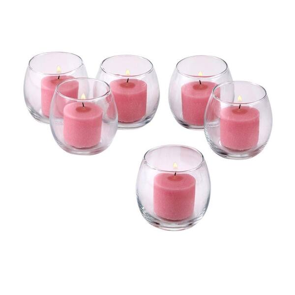 Light In The Dark Clear Glass Hurricane Votive Candle Holders with Soft Pink Votive Candles (Set of 12)