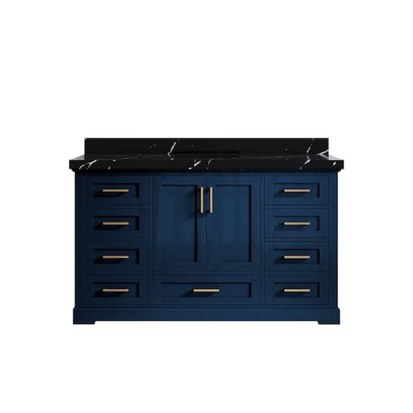 Willow Collections Boston 60 in. W x 22 in. D x 36 in. H Single Sink Bath Vanity in Navy Blue with 2 in. Calcutta Black