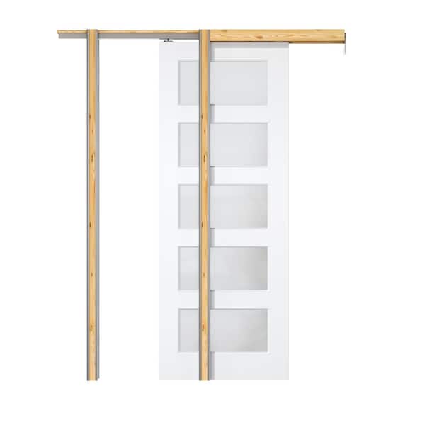 28 in. x 80 in. White Primed MDF 5-Lite Glass Sliding Door, Wood Pocket Door Frame, with Hardware