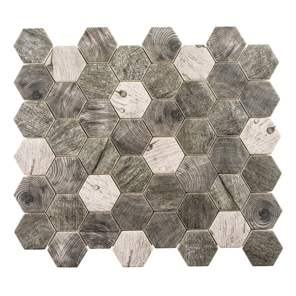 Terrain Rhine Light Gray/Dark Gray 4.5 in. x 8.25 in. Hexagon Wood-Look Gla