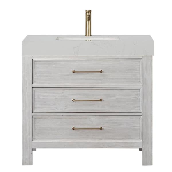 Leon 36 in. W x 22 in. D x 34 in. H Single Freestanding Bath Vanity in Washed White with White Composite Stone Top