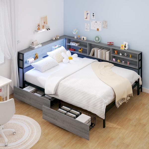 Gray Full Daybed with Storage Drawer, Corner Bed Frame with Storage Bookcase, Kid Bed with Charging Station, LED Light
