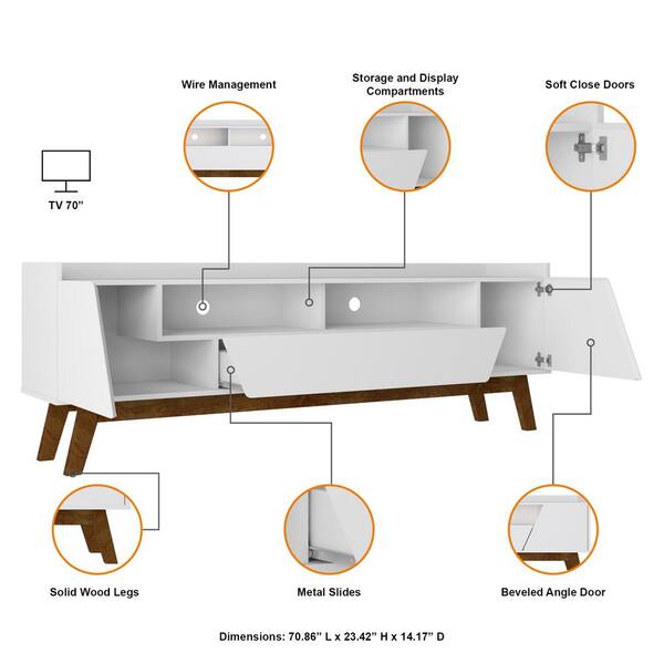 Manhattan Comfort Mid-Century Modern Marcus 70.86 TV Stand with Solid Wood Legs in White Manhattan Comfort Mid-Century Modern Marcus 70.86 TV Stand with Solid Wood Legs in White