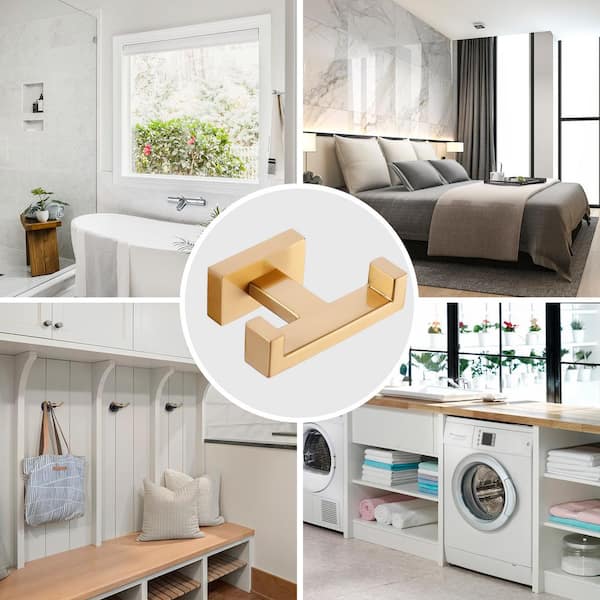 Wall Mount Stainless Steel J-Hook Two-Prong Robe/Towel Hook Smooth Square Coat Hat Towel Hook in Gold