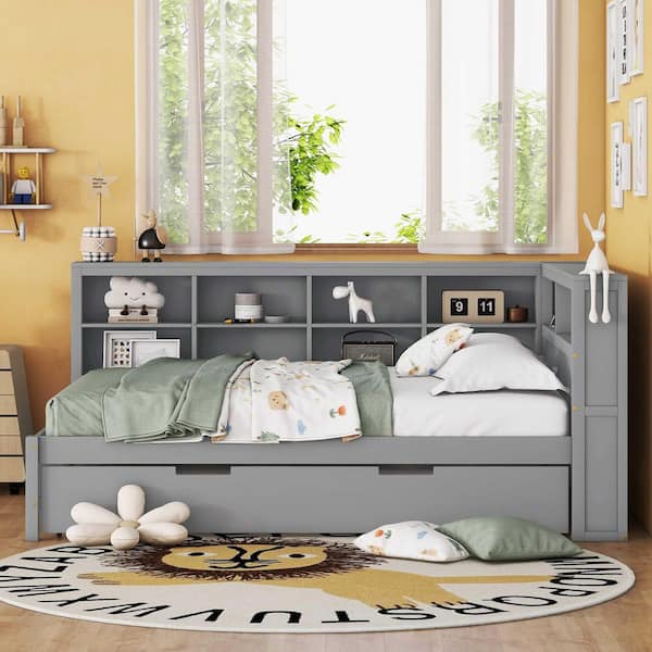 Grey Full Daybed with Twin Size Trundle, Storage Shelf and USB Charging Ports