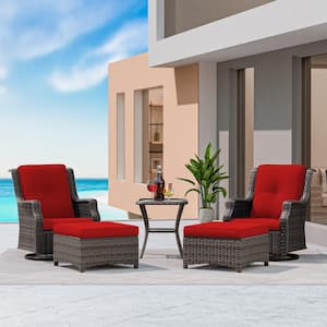 5-Piece Wicker Patio Conversation Set with Red Cushions and Swivel Rocking Chairs