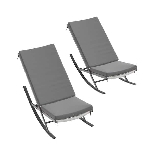 Metal Frame Outdoor Rocking Chair Reclining Lounge with Removable Cushion in Gray (2-Pack)