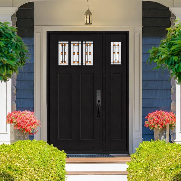 Regency 53 in. x 80 in. 3Lite Amberton Deco Glass LHIS Onyx Stain Fir Grain Fiberglass Prehung Front Door w/14in.SL
