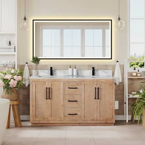 Floral 60 in. W x 22 in. D x 33 in. H Freestanding Bath Vanity in Ligth Brown with White Quartz Countertop with Mirror