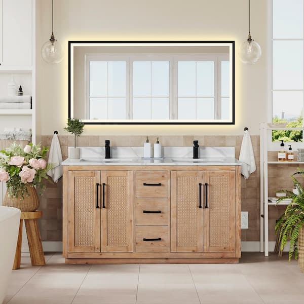 Altair Floral 60 in. W x 22 in. D x 33 in. H Double Sink Bath Vanity in Ligth Brown with White Quartz Countertop and Mirror
