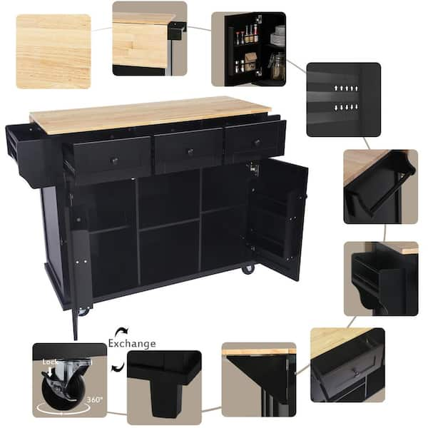 Black Wood 53.1 in. Kitchen Island on 5-Wheels with Storage Cabinet An