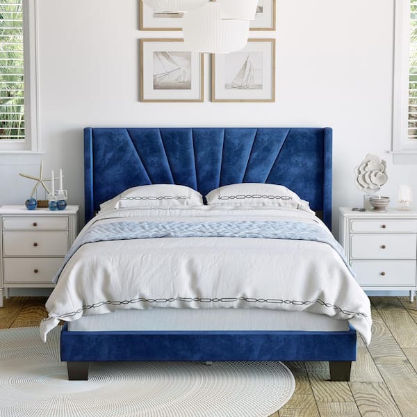 Boyd Sleep Valencia Velvet Upholstered Platform Bed Frame, Blue Queen