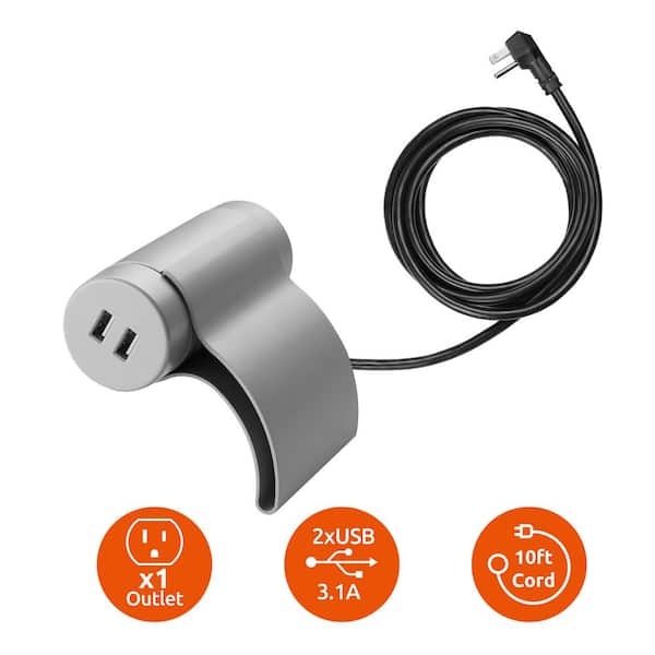 1-Outlet and 2-USB Ports 3.4 Amp Sofa Socket with 10 ft. Cord and Grounded Flat Plug in Light Grey