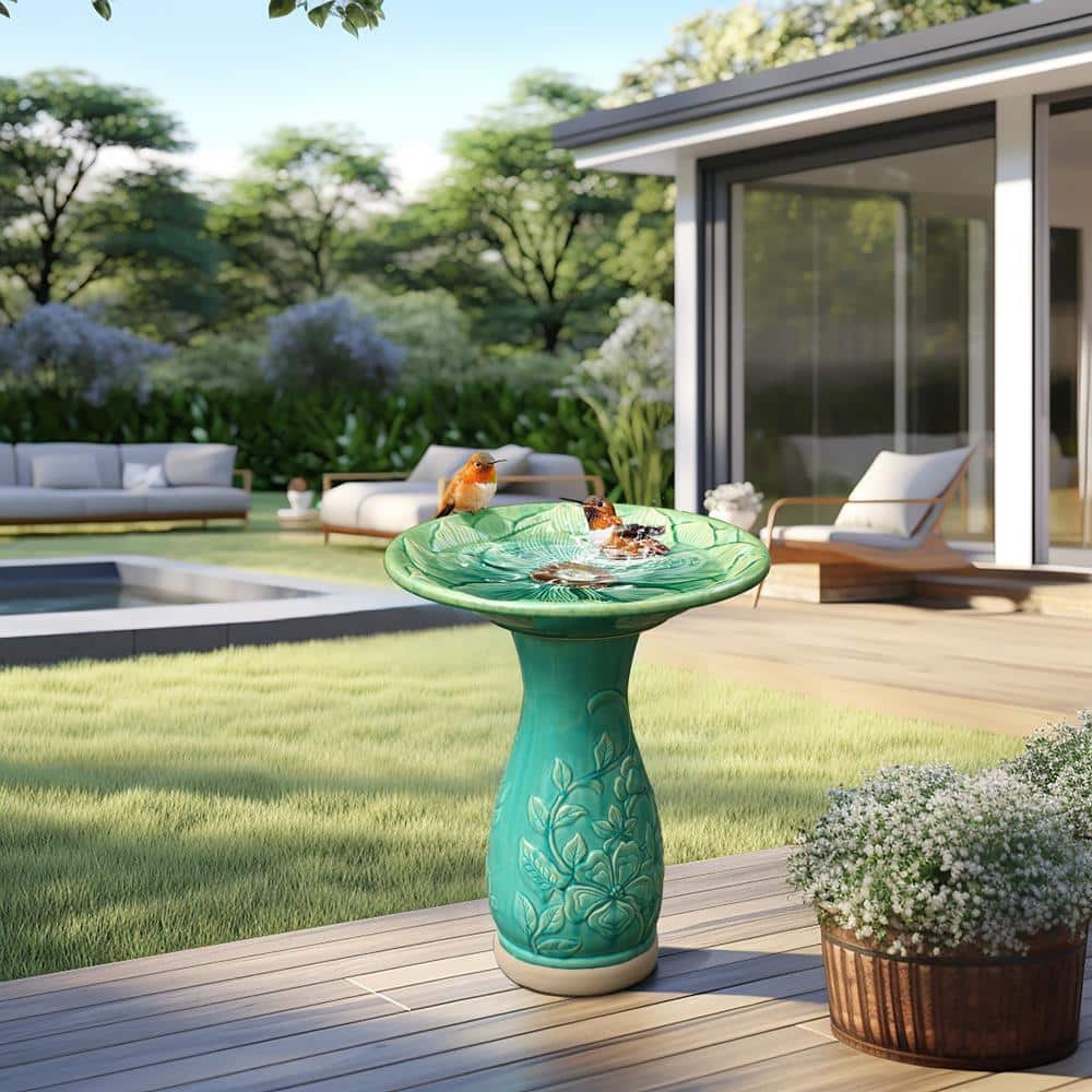 Aqua Green Ceramic Flower Carved Birdbath, 22-Inch Tall