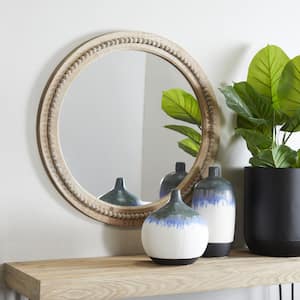 28 in. x 28 in. Distressed Round Framed Brown Wall Mirror with Beaded Detailing