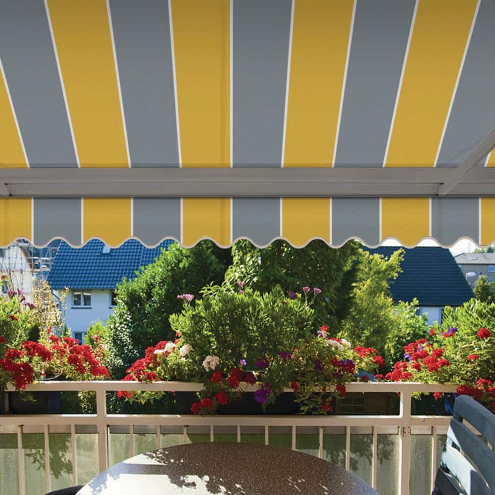 Golden Yellow and Gray Striped Electric Retractable Awning