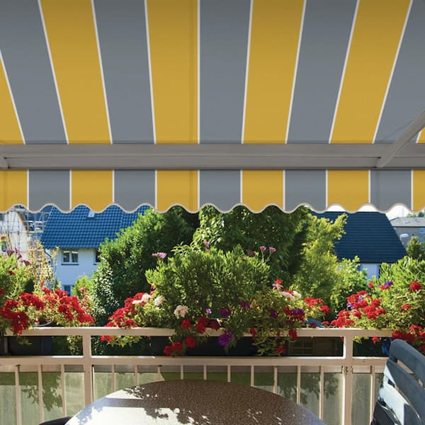 12 ft. Classic Series Semi-Cassette Electric w/ Remote Retractable Patio Awning, Yellow Gray Stripes (10 ft Projection)