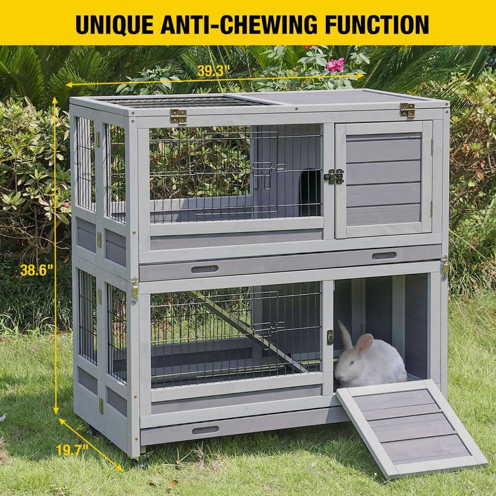 Large Gray Wooden Folding Rabbit Hutch with Wheels
