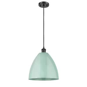 Plymouth Dome 1-Light Matte Black Cone Pendant Light with Seafoam Metal Shade