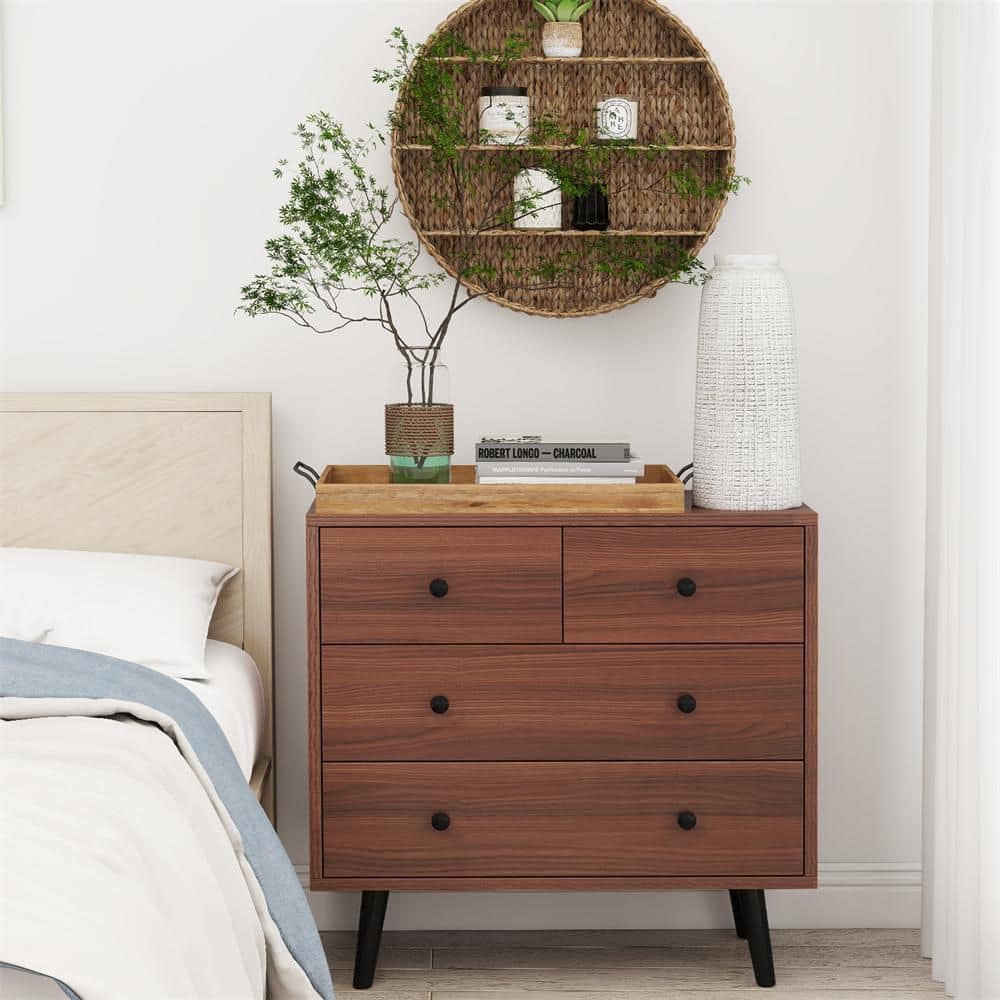 4 Drawer 28 in Dresser Wooden Storage Dresser Chest with Anti-Toppling Kits Walnut