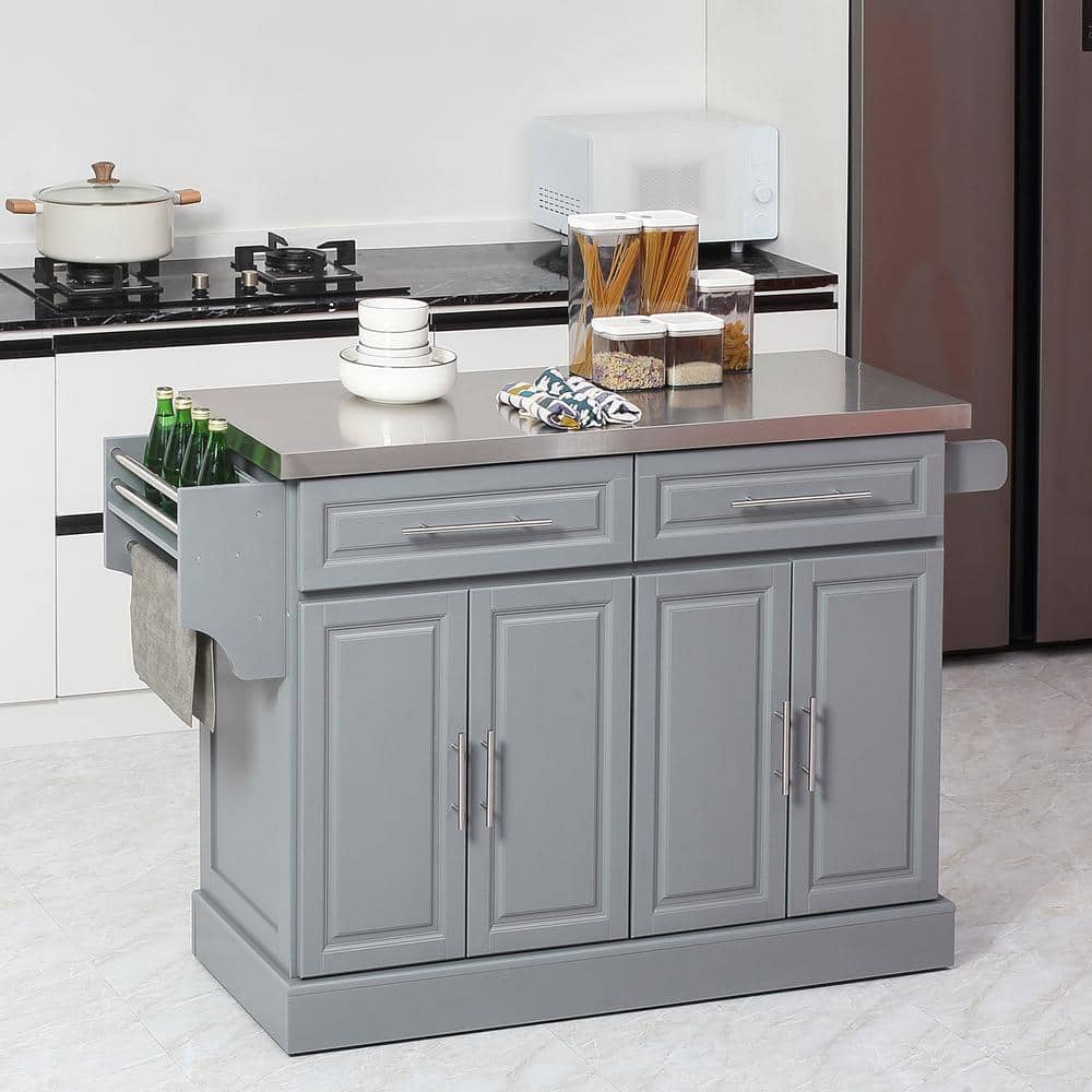 Gray Stainless Steel Top Kitchen Cart with Spice Rack