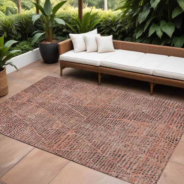 Salmon, Charcoal, Beige 8 ft. x 10 ft.  Woven Geometric Polyester Rectangle Indoor / Outdoor Area Rug