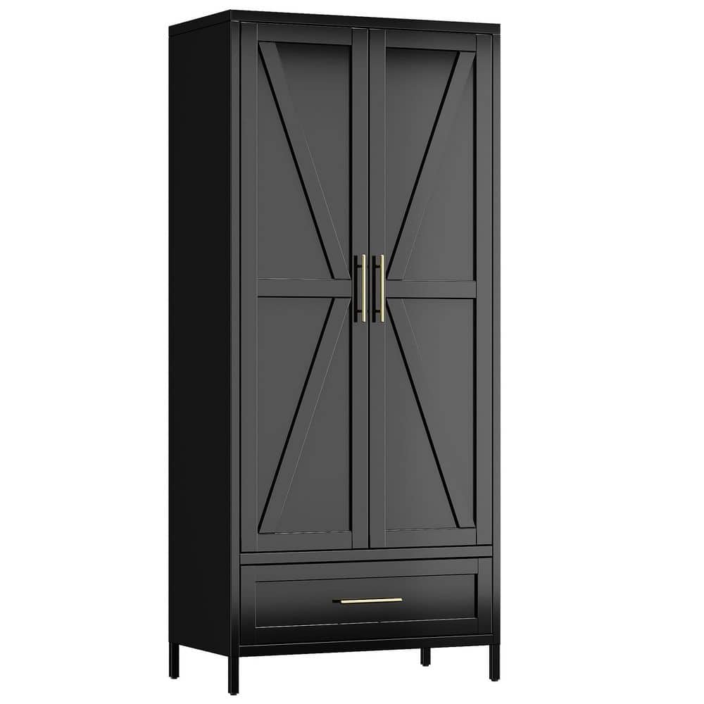 Black Steel Wardrobe Cabinet 71 in. H x 31.5 in. W x 18 in. D with 1-Drawer and Adjustable Shelf