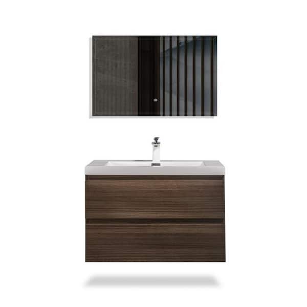 Maincraft Wall-Mounted 36 in. W x 19 in. D x 20 in. H. Bath Vanity in Grey Oak with White solid Surface Top with White Basin