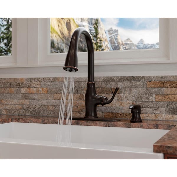 Rosslyn Single Handle Pull Down Sprayer Kitchen Faucet with Deckplate Included in Tuscan Bronze