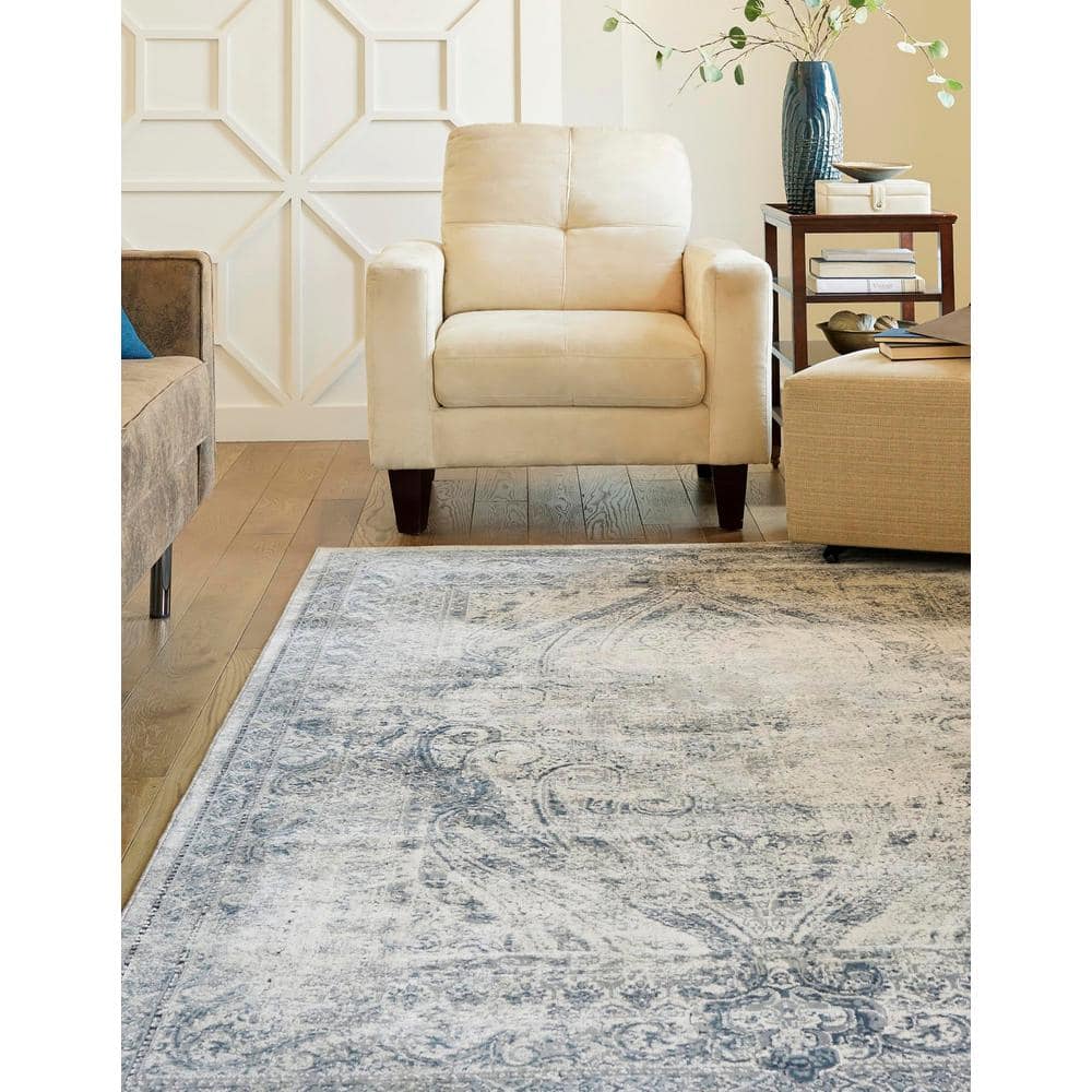 Dark Blue and Grey Rectangular Synthetic Indoor Area Rug