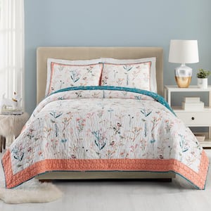 ENGLISH GARDEN 3-Piece Pink Floral Cotton King Quilt Set By Teresa Chan