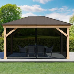 Meridian 12 ft. x 16 ft. Premium Cedar Shade Gazebo with Coffee Brown Aluminum Roof and UV resistant Phifer Mesh Kit