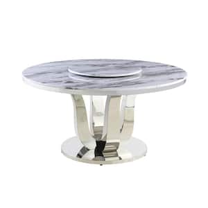Gina 58 in. Round Genuine White Marble Top with Stainless Steel Base with Lazy Susan