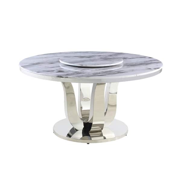 Best Quality Furniture Gina 58 in. Round Genuine White Marble Top with Stainless Steel Base with Lazy Susan