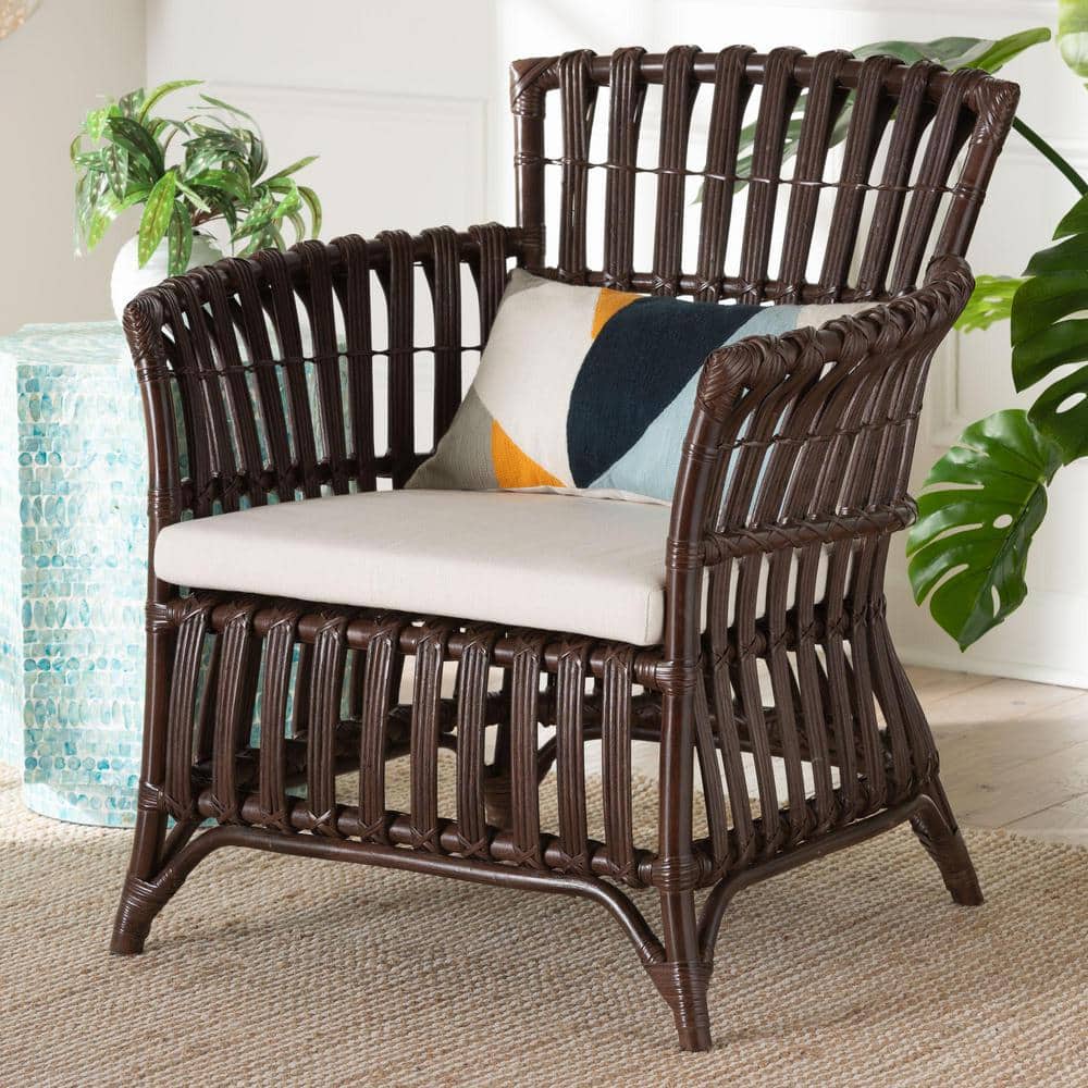 Brooklyn Bohemian Very Dark Brown Rattan Arm Chair with Cushion