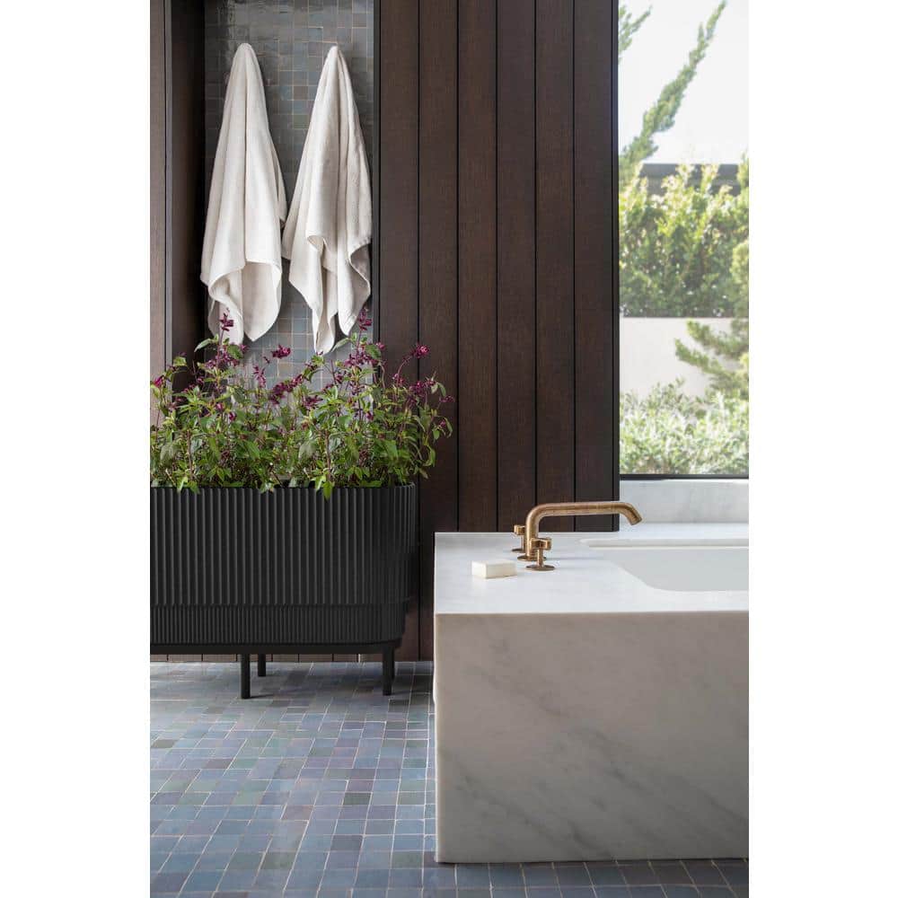 30" Black Plastic-Stone Raised Planter with Acacia Wood Stand