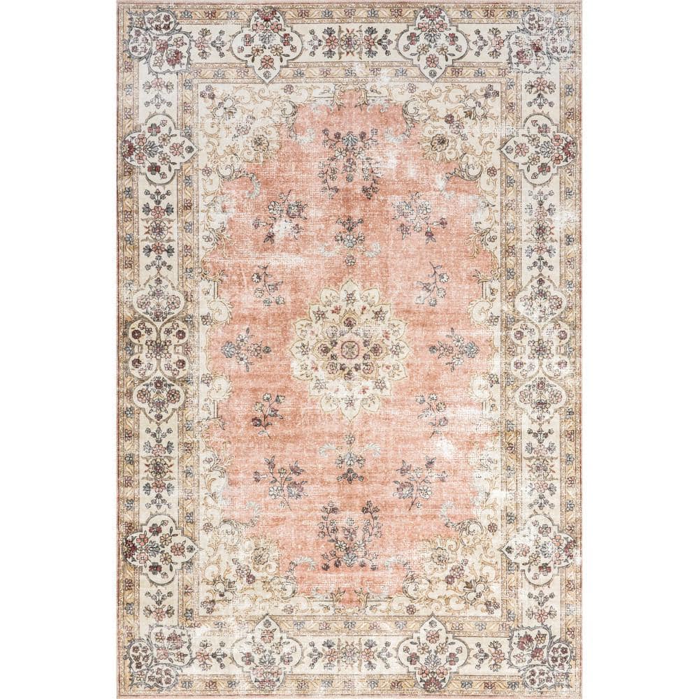 Peach and Cream 8' x 10' Vintage Floral Washable Rug